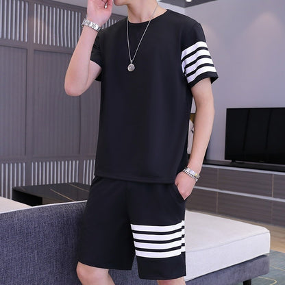 Black Color Trendy Line Printed Tracksuit For Men | Cotton T-shirt & Shorts | Summer Casual Wear