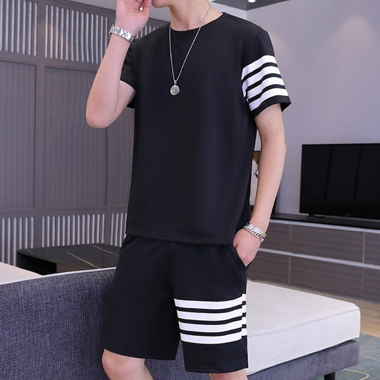 Black Color Trendy Line Printed Tracksuit For Men | Cotton T-shirt & Shorts | Summer Casual Wear