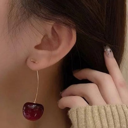 Trendy Korean Cherry Drop Earrings For Women Cute Long Stem Minimalist Red Cherry Earrings