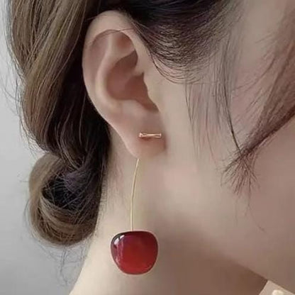 Trendy Korean Cherry Drop Earrings For Women Cute Long Stem Minimalist Red Cherry Earrings
