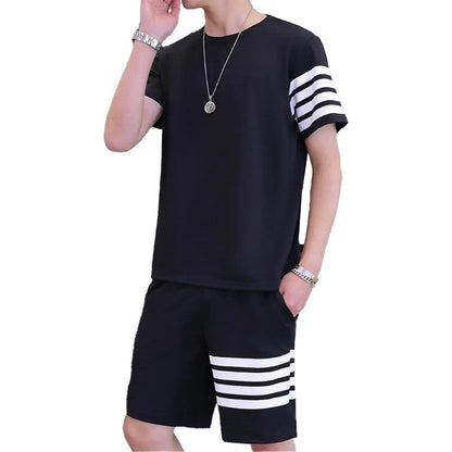 Black Color Trendy Line Printed Tracksuit For Men | Cotton T-shirt & Shorts | Summer Casual Wear