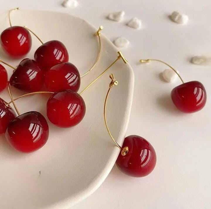 Trendy Korean Cherry Drop Earrings For Women Cute Long Stem Minimalist Red Cherry Earrings