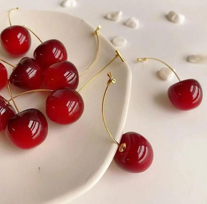 Trendy Korean Cherry Drop Earrings For Women Cute Long Stem Minimalist Red Cherry Earrings