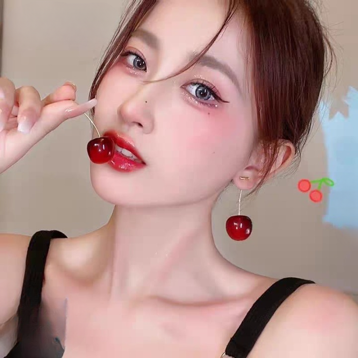 Trendy Korean Cherry Drop Earrings For Women Cute Long Stem Minimalist Red Cherry Earrings