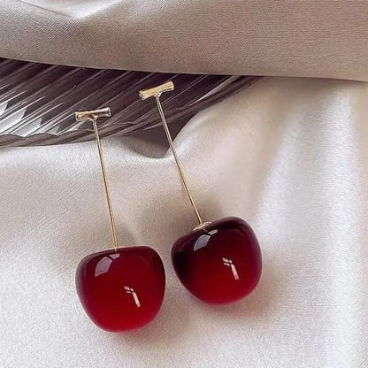 Trendy Korean Cherry Drop Earrings For Women Cute Long Stem Minimalist Red Cherry Earrings