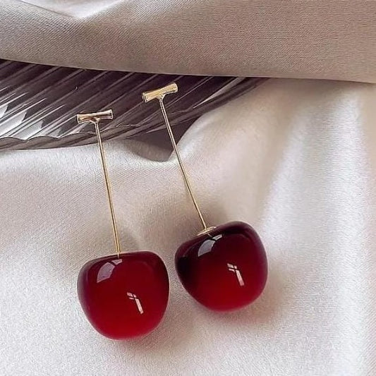Trendy Korean Cherry Drop Earrings For Women Cute Long Stem Minimalist Red Cherry Earrings